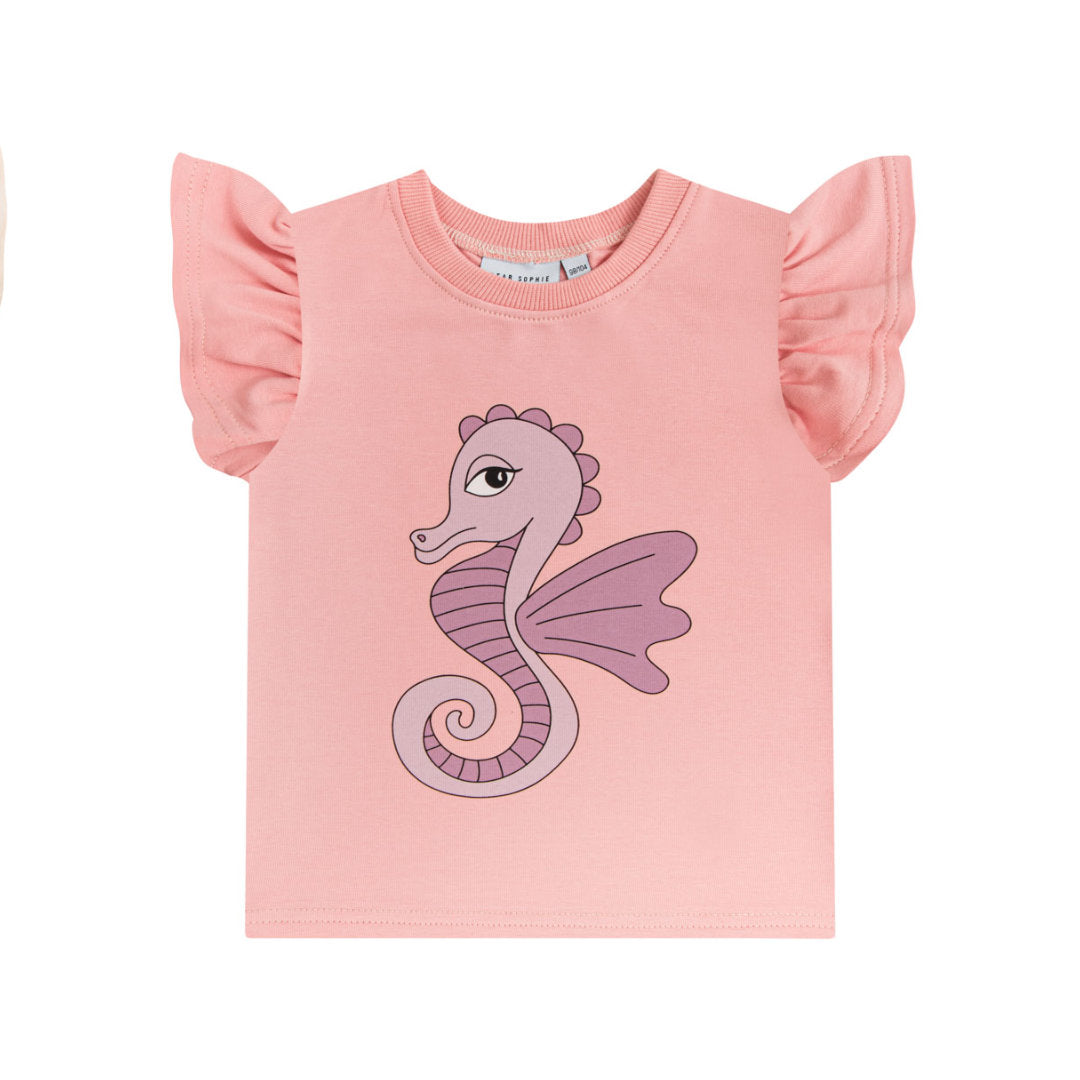 Toffe roze T-shirt-top van Dear Sophie met zeepaardjesprint.