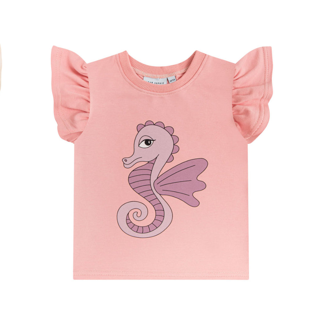 Toffe roze T-shirt-top van Dear Sophie met zeepaardjesprint.